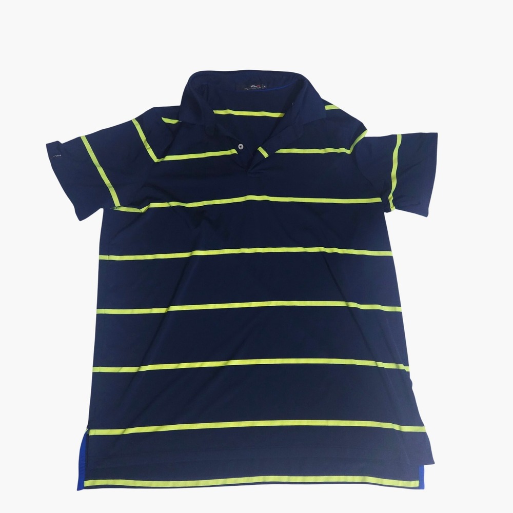 RLX Ralph Lauren Mens Navy Blue Neon Yellow Striped Golf Performance Polo Shirt